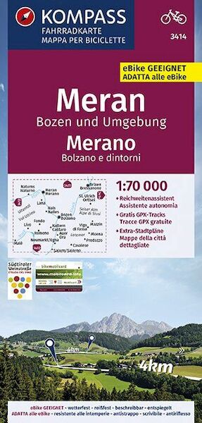 KOMPASS Fahrradkarte Meran, Bozen und Umgebung, Merano, Bolzano e dintorni 1:70.000, FK 3414 - (ISBN 9783990446942)